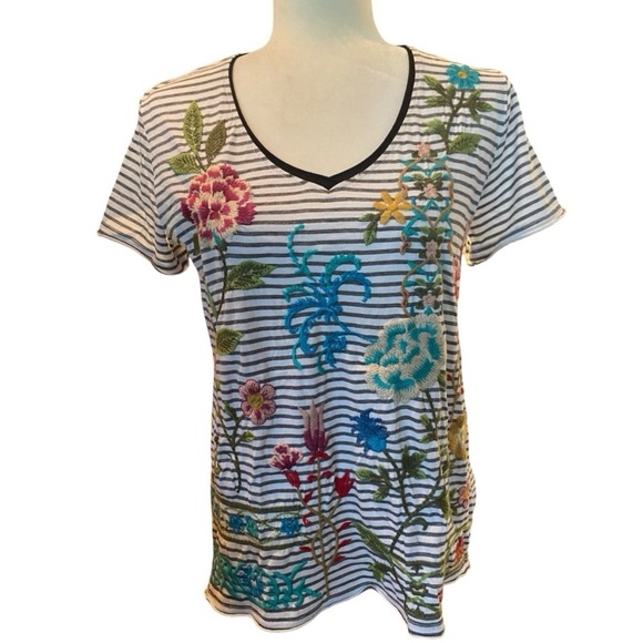 Johnny Was Sheri Everyday Stripe Tee Embroidered Floral - Picture 2 of 9